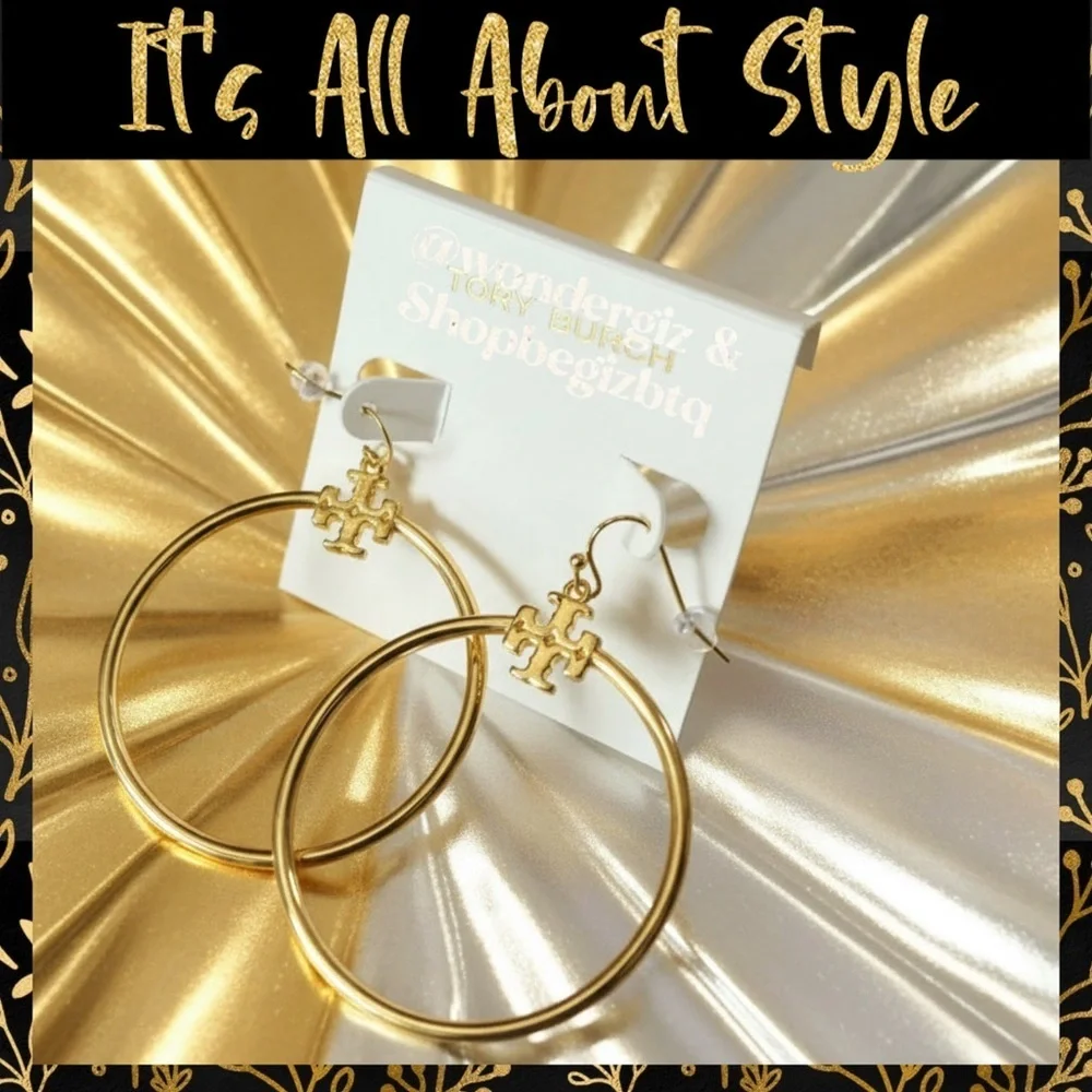 Authentic Tory Burch Metallic Gold Kira Stacked-T Logo Hoop Earring NWOT